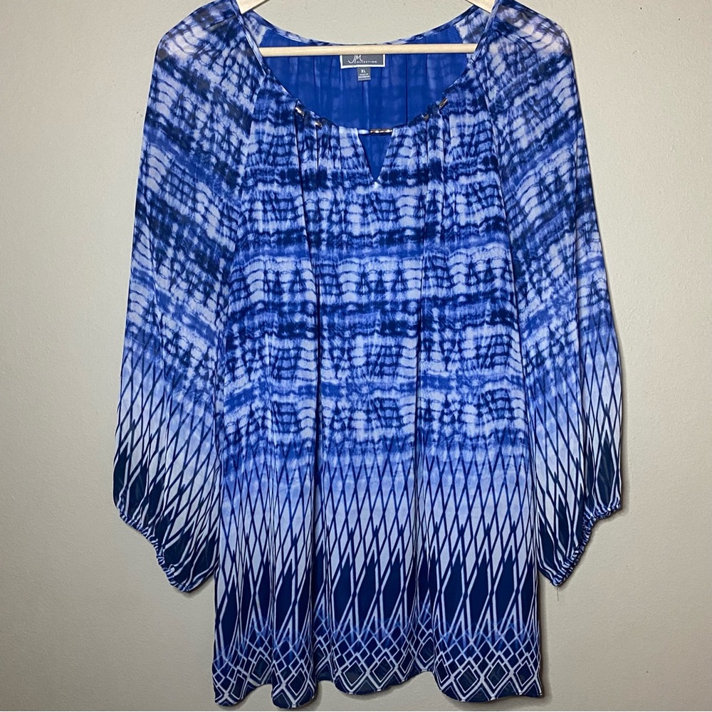 JM Collection Blouse Women XL Blue White Print Embellished Neckline Lined Casual